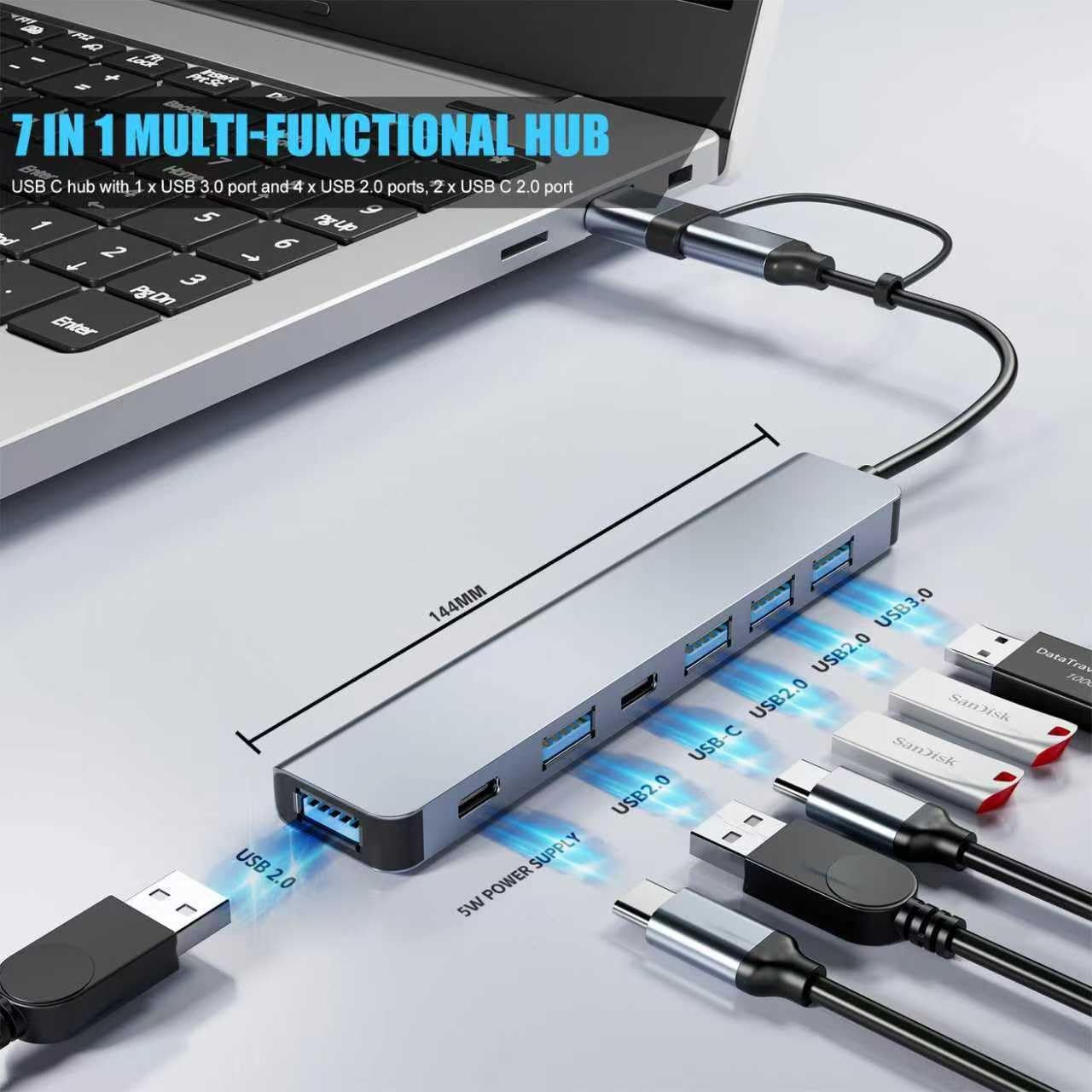 7 in 1 USB C & USB Hub with USB 3.0, USB 2.0 Ports