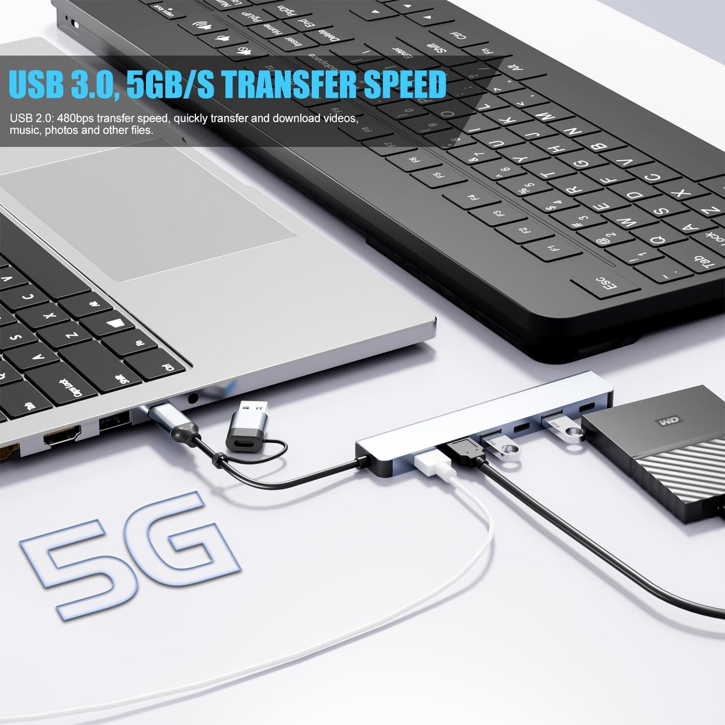 7 in 1 USB C & USB Hub with USB 3.0, USB 2.0 Ports