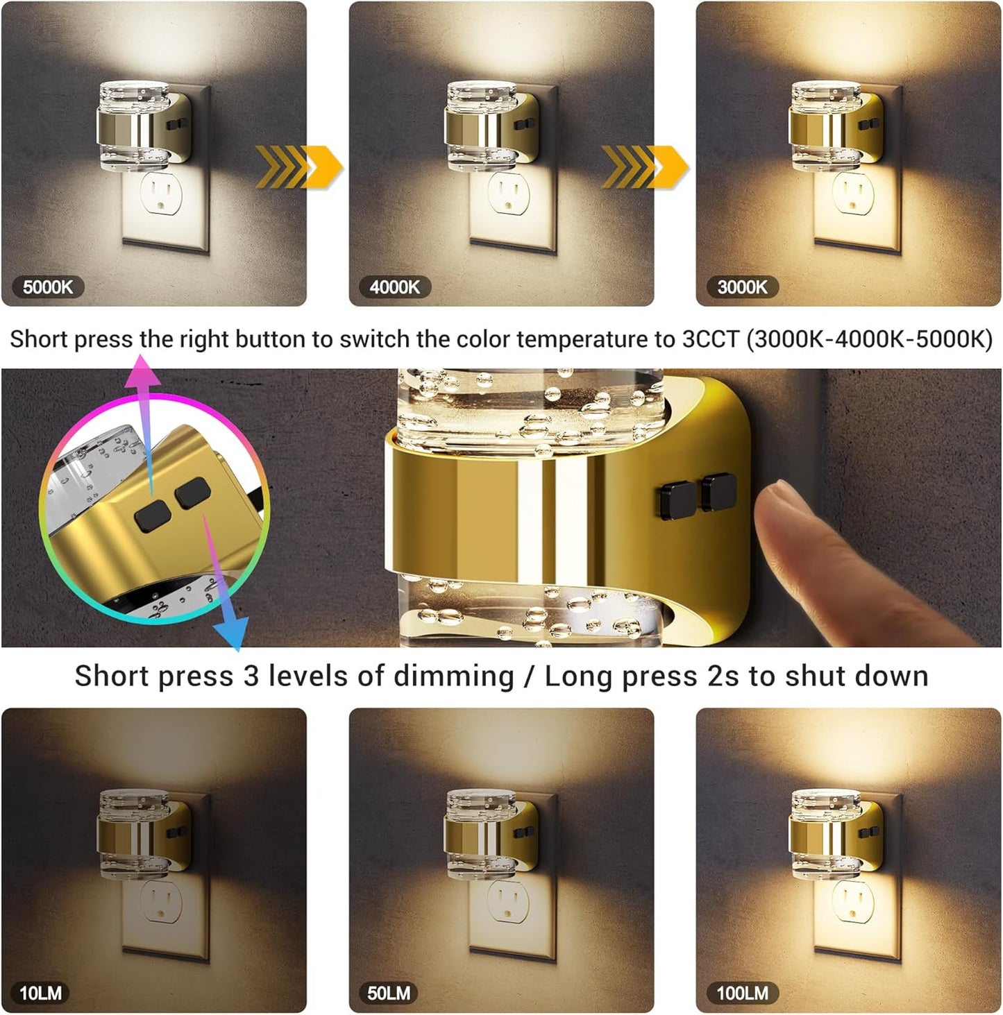 Golden Bubble Night Lights Plug into Wall, [2 Pack]Night Light3000K/4000K/5000K & 3 Brightness Levels